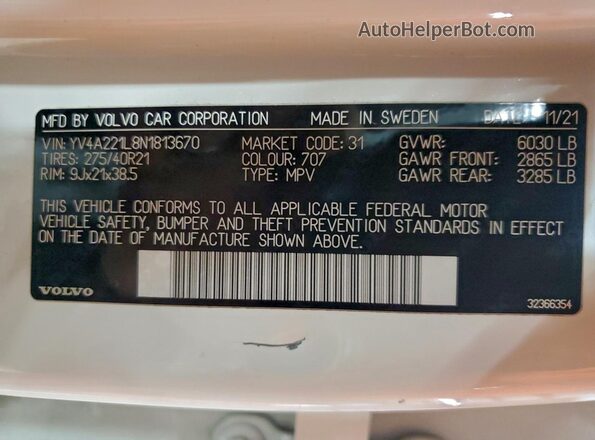 YV4A221L8N1813670 2022 VOLVO XC90 Белый Вид наклейки с VIN-кодом