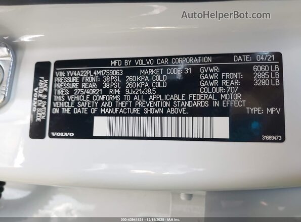 YV4A22PL4M1759063 2021 VOLVO XC90 White 
