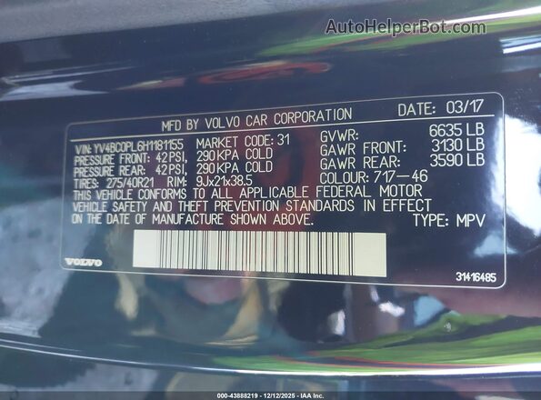 YV4BC0PL6H1181155 2017 VOLVO XC90 HYBRID Black Вид підкапотного простору