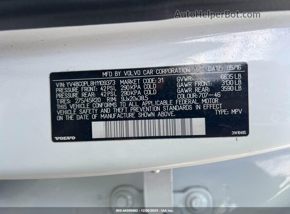 YV4BC0PL8H1109373 2017 VOLVO XC90 HYBRID White Вид підкапотного простору