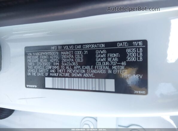 YV4BC0PM1H1150078 2017 VOLVO XC90 HYBRID White Вид підкапотного простору
