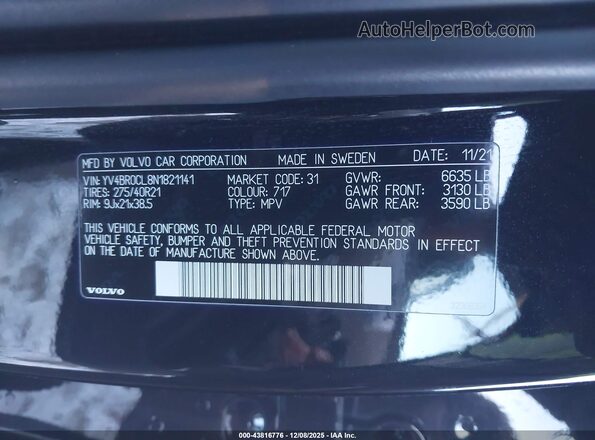 YV4BR0CL8N1821141 2022 VOLVO XC90 RECHARGE PLUG-IN HYBRID Black Widok komory silnika
