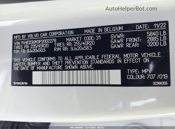 YV4ED3UM3P2002278 2023 VOLVO XC40 RECHARGE PURE ELECTRIC White Вид підкапотного простору