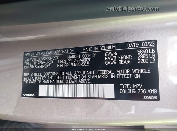 YV4ED3UW2P2070931 2023 VOLVO XC40 RECHARGE PURE ELECTRIC Beige Widok komory silnika