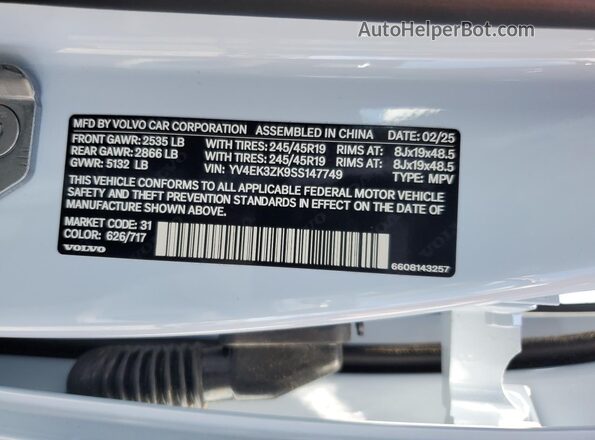 YV4EK3ZK9SS147749 2025 VOLVO EX30 White Widok naklejki z numerem VIN