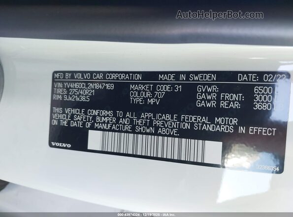 YV4H60CL2N1847169 2022 VOLVO XC90 RECHARGE PLUG-IN HYBRID White Widok komory silnika