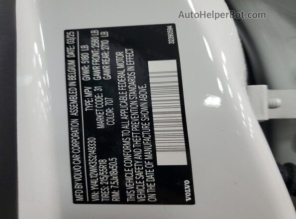 YV4L12WK3S2149330 2025 VOLVO V60 White Vista de la etiqueta del VIN