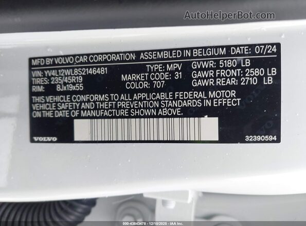 YV4L12WL8S2146481 2025 VOLVO V60 CROSS COUNTRY White ძრავის განყოფილების ხედი