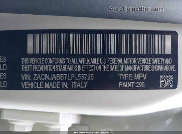 ZACNJABB7LPL53726 2020 JEEP RENEGADE White ძრავის განყოფილების ხედი