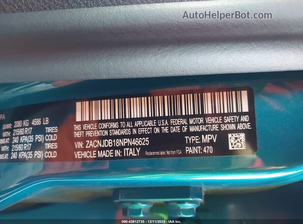 ZACNJDB18NPN46625 2022 JEEP RENEGADE Turquoise Вид підкапотного простору