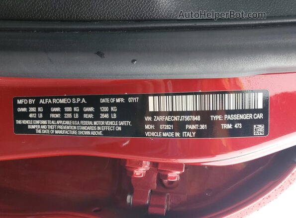 ZARFAECN7J7567848 2018 ALFA ROMEO GIULIA Red 