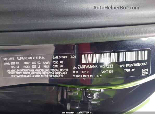 ZARFAMAN3L7637233 2020 ALFA ROMEO GIULIA Black Вид підкапотного простору