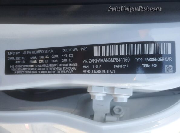 ZARFAMAN6M7641150 2021 ALFA ROMEO GIULIA Белый Вид подкапотного пространства