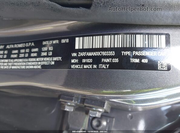 ZARFAMANXK7603353 2019 ALFA ROMEO GIULIA Gray Vista del compartimento del motor