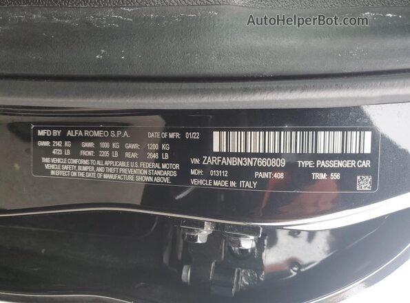 ZARFANBN3N7660809 2022 ALFA ROMEO GIULIA Black ძრავის განყოფილების ხედი