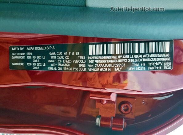 ZASPAJAN4L7C95103 2020 ALFA ROMEO STELVIO Black VIN sticker view
