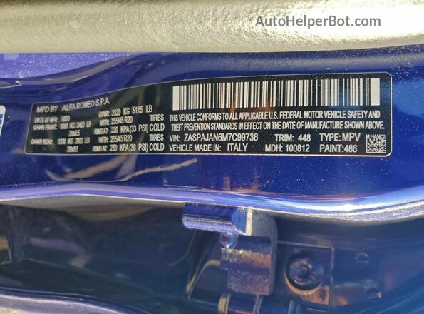 ZASPAJAN6M7C99736 2021 ALFA ROMEO STELVIO Blue VIN კოდის სტიკერის ხედი