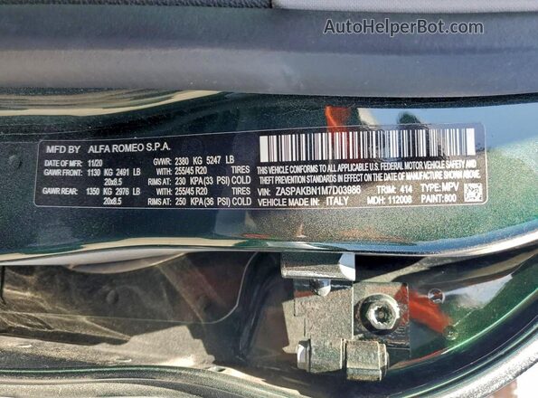 ZASPAKBN1M7D03986 2021 ALFA ROMEO STELVIO Зеленый Вид наклейки с VIN-кодом