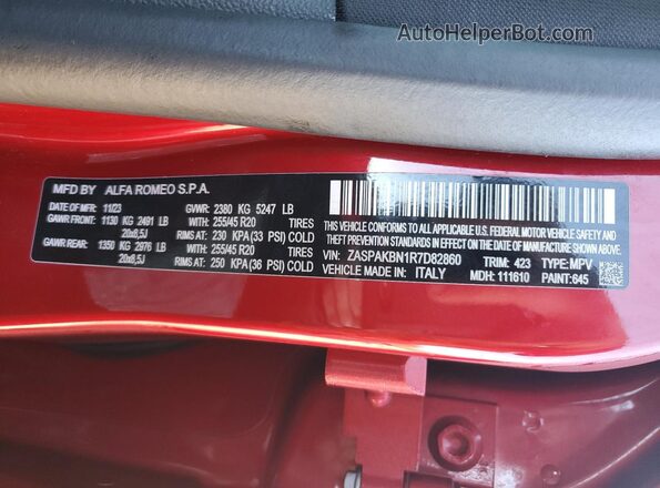 ZASPAKBN1R7D82860 2024 ALFA ROMEO STELVIO Red VIN კოდის სტიკერის ხედი