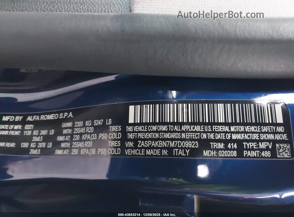 ZASPAKBN7M7D09923 2021 ALFA ROMEO STELVIO Blue ძრავის განყოფილების ხედი