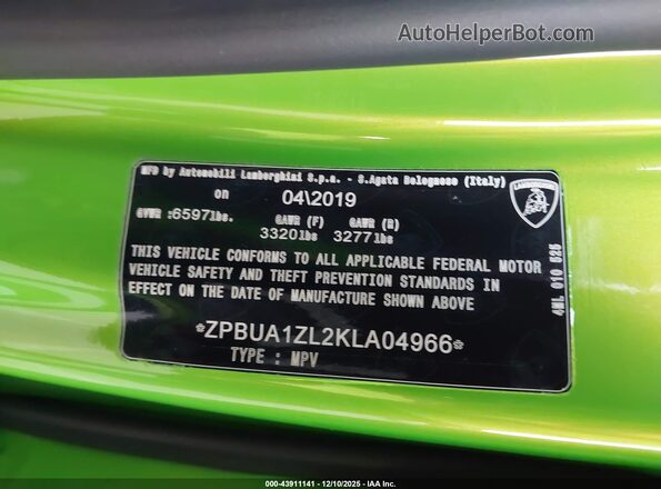 ZPBUA1ZL2KLA04966 2019 LAMBORGHINI URUS Зеленый Вид подкапотного пространства
