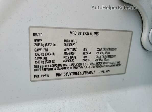 5YJYGDEE4LF056037 2020 TESLA MODEL White 