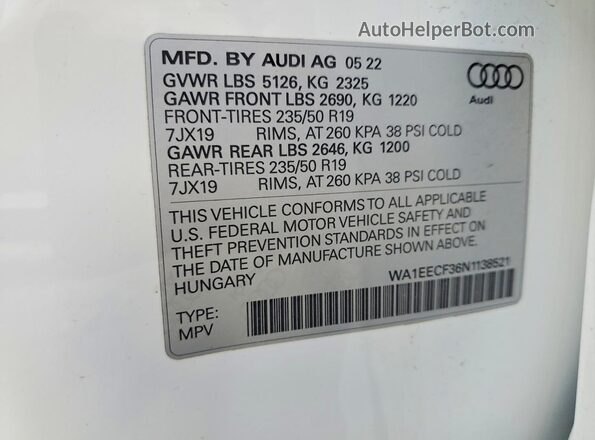 WA1EECF36N1138521 2022 AUDI Q3 White Widok naklejki z numerem VIN