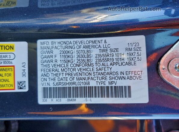 5J6RS6H99RL021068 2024 HONDA CR-V Blue VIN sticker view