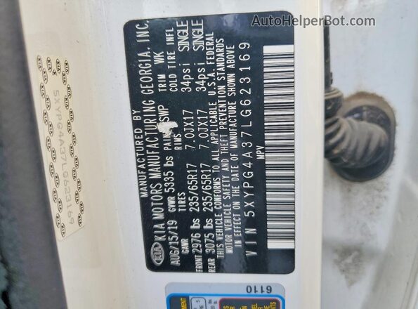 5XYPG4A37LG623169 2020 KIA SORENTO White 