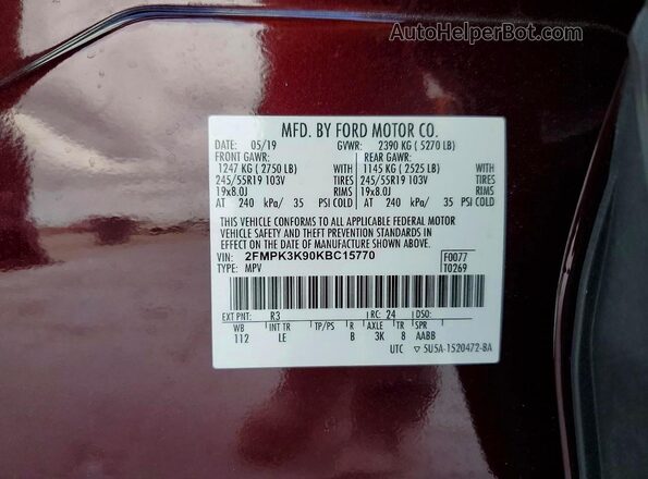 2FMPK3K90KBC15770 2019 FORD EDGE Maroon 360 interior view