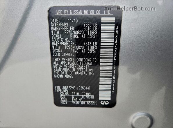JN8AZ2NE1L9253147 2020 INFINITI QX80 Silver 
