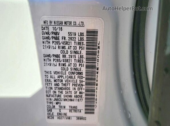 JN8CS1MW2HM411677 2017 INFINITI QX70 White 