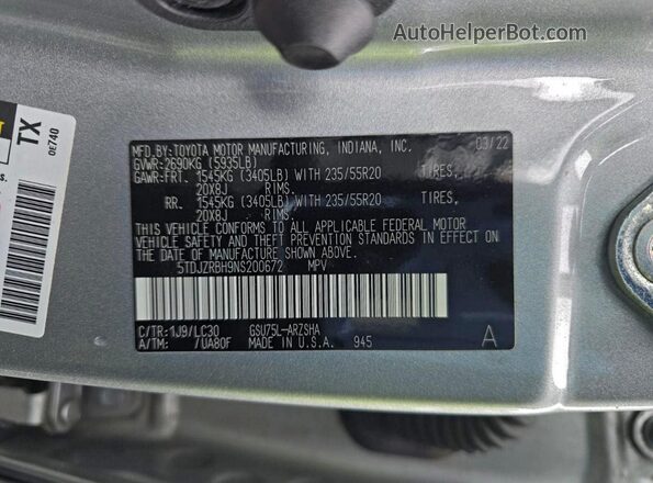 5TDJZRBH9NS200672 2022 TOYOTA HIGHLANDER Gray 