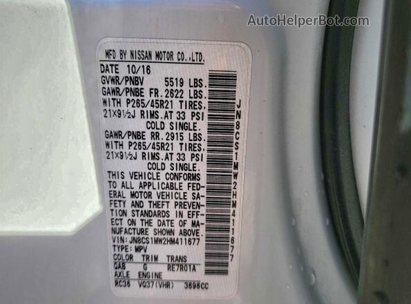 JN8CS1MW2HM411677 2017 INFINITI QX70 White Widok wnętrza z tyłu