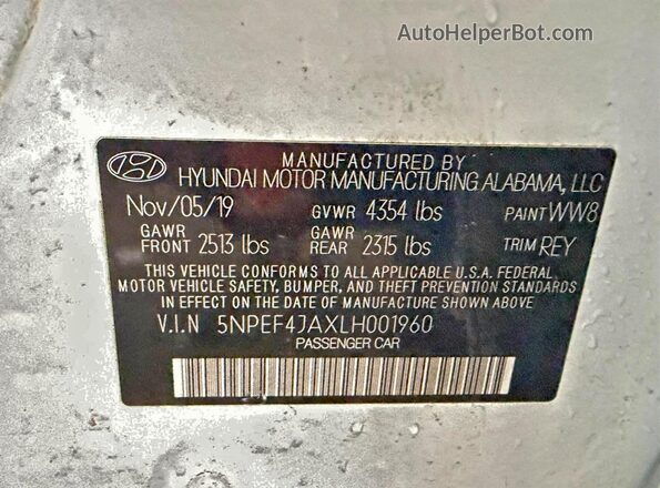 5NPEF4JAXLH001960 2020 HYUNDAI SONATA Белый 