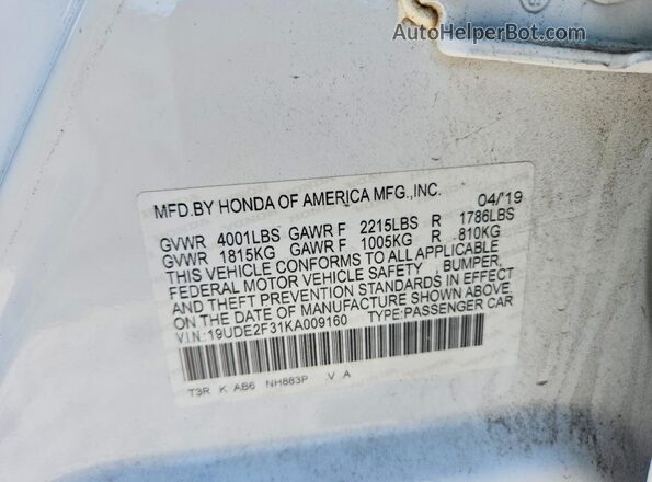 19UDE2F31KA009160 2019 ACURA ILX White Widok naklejki z numerem VIN