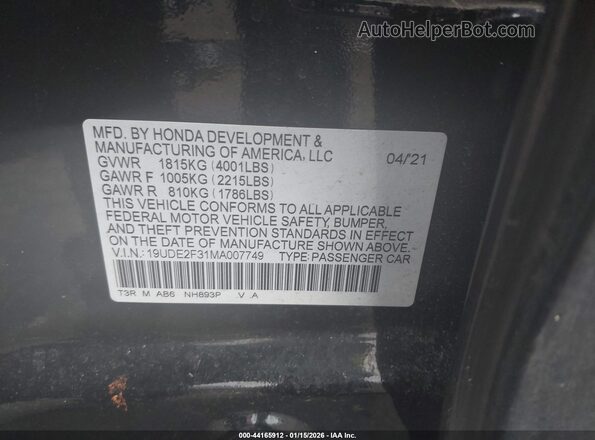 19UDE2F31MA007749 2021 ACURA ILX Black Vista del compartimento del motor