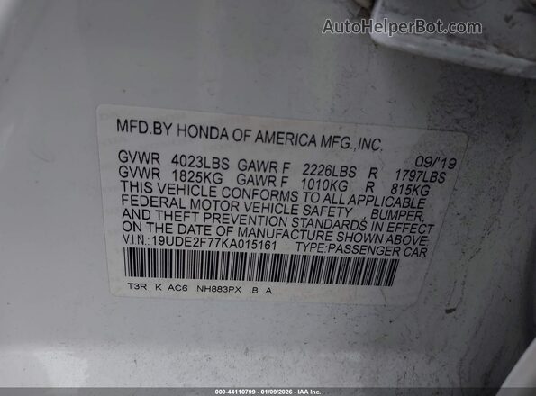 19UDE2F77KA015161 2019 ACURA ILX White Widok komory silnika