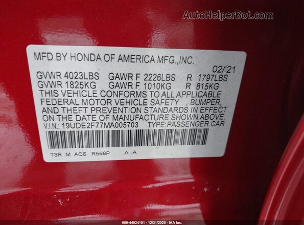 19UDE2F77MA005703 2021 ACURA ILX Red Vista del compartimento del motor