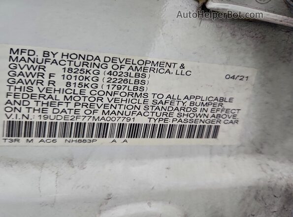 19UDE2F77MA007791 2021 ACURA ILX Белый Вид наклейки с VIN-кодом