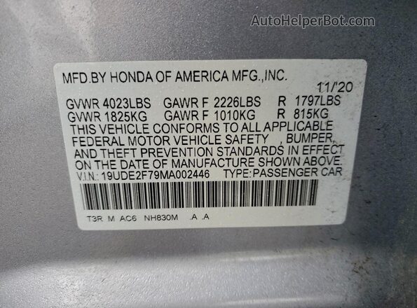 19UDE2F79MA002446 2021 ACURA ILX Silver Շարժիչի բաժամունքի տեսք