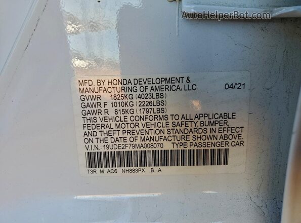 19UDE2F79MA008070 2021 ACURA ILX White ძრავის განყოფილების ხედი