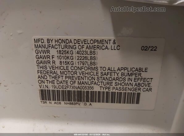 19UDE2F7XNA005356 2022 ACURA ILX White ძრავის განყოფილების ხედი