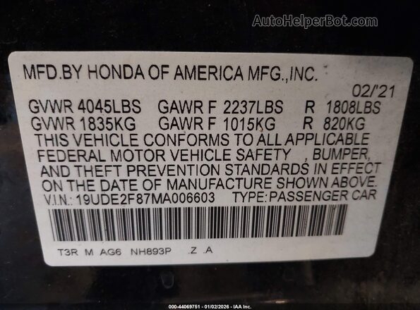 19UDE2F87MA006603 2021 ACURA ILX Black ძრავის განყოფილების ხედი