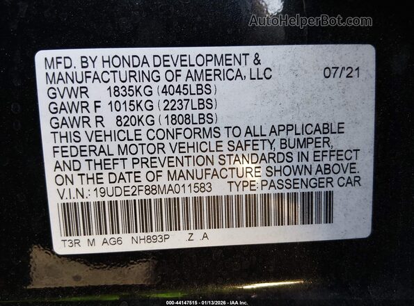 19UDE2F88MA011583 2021 ACURA ILX Black Engine compartment view