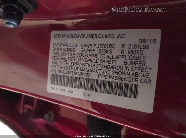 19UUB1F61KA003291 2019 ACURA TLX Red Вид підкапотного простору