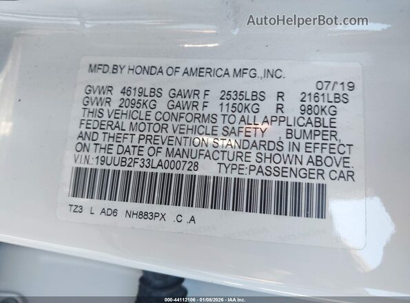 19UUB2F33LA000728 2020 ACURA TLX White Vista del compartimento del motor