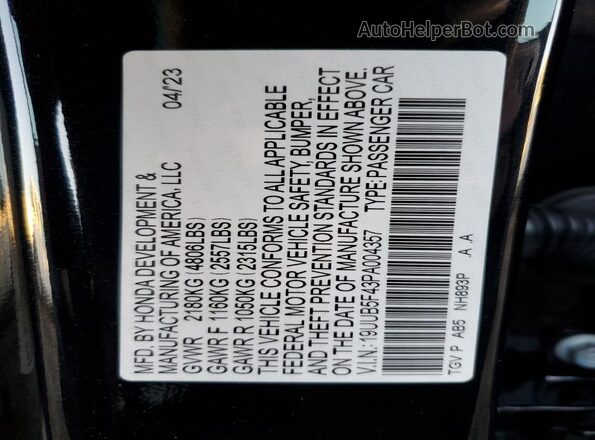 19UUB5F43PA004357 2023 ACURA TLX Black Շարժիչի բաժամունքի տեսք