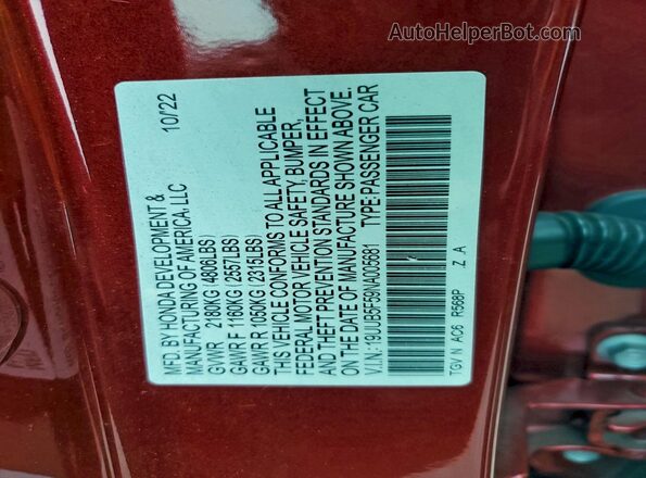 19UUB5F59NA005681 2022 ACURA TLX Red VIN კოდის სტიკერის ხედი