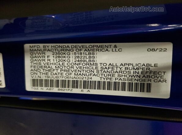19UUB7F06NA002124 2022 ACURA TLX Blue Շարժիչի բաժամունքի տեսք